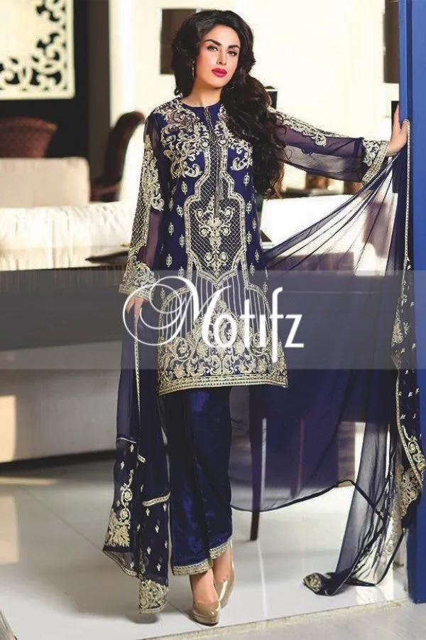 Motifz Embroidered Crinkle Chiffon Collection '16 – Navy Blue 1270