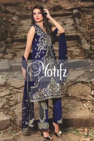 Motifz Embroidered Crinkle Chiffon Collection '16 – Navy Blue 1270