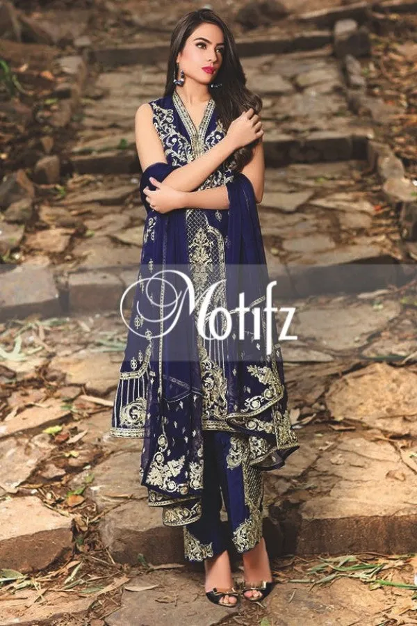 Motifz Embroidered Crinkle Chiffon Collection '16 – Navy Blue 1270