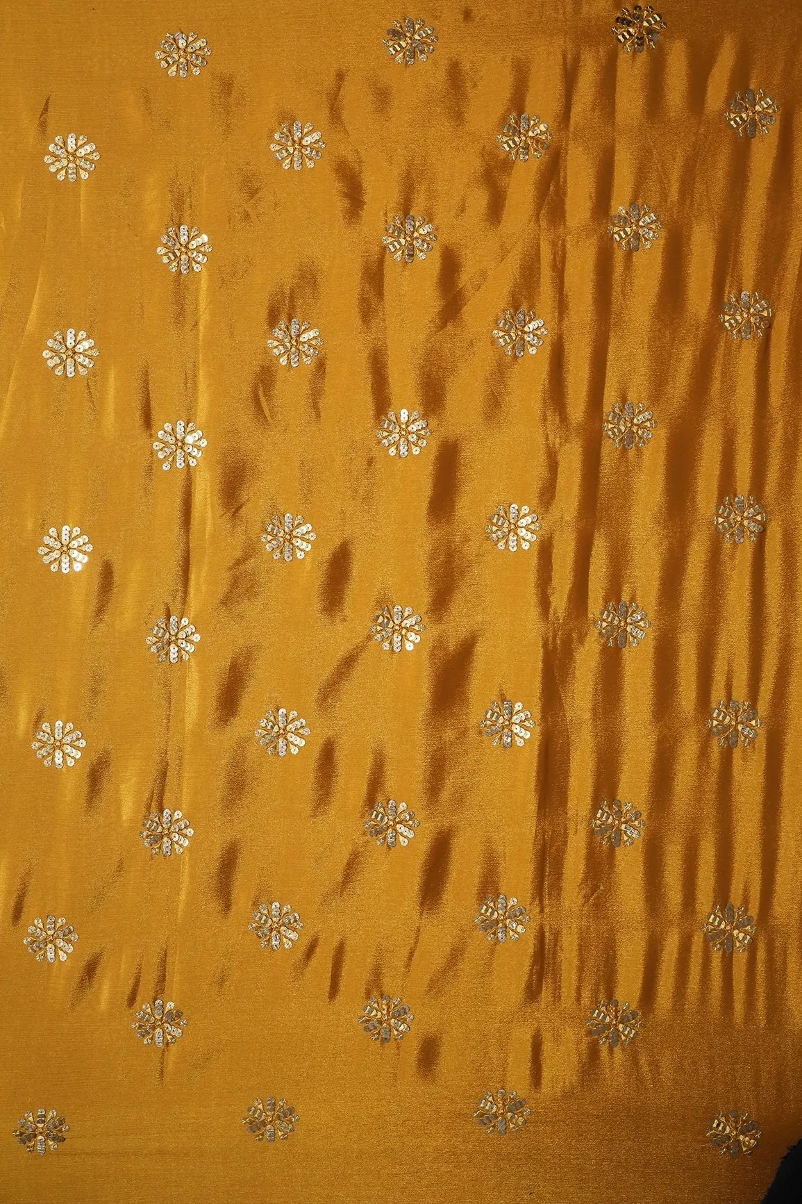 Mustard Thread With Gold Sequins Floral Butta Embroidery Work On Mustard Chinnon Chiffon Fabric