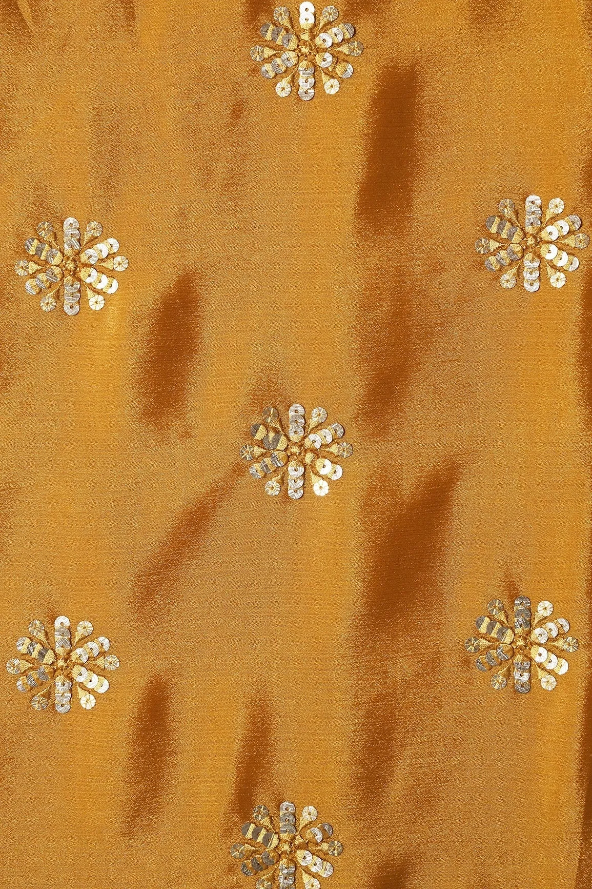 Mustard Thread With Gold Sequins Floral Butta Embroidery Work On Mustard Chinnon Chiffon Fabric