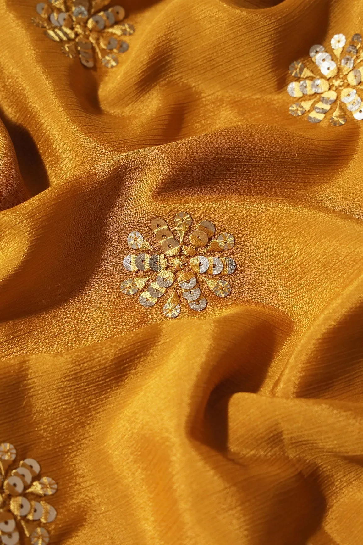Mustard Thread With Gold Sequins Floral Butta Embroidery Work On Mustard Chinnon Chiffon Fabric