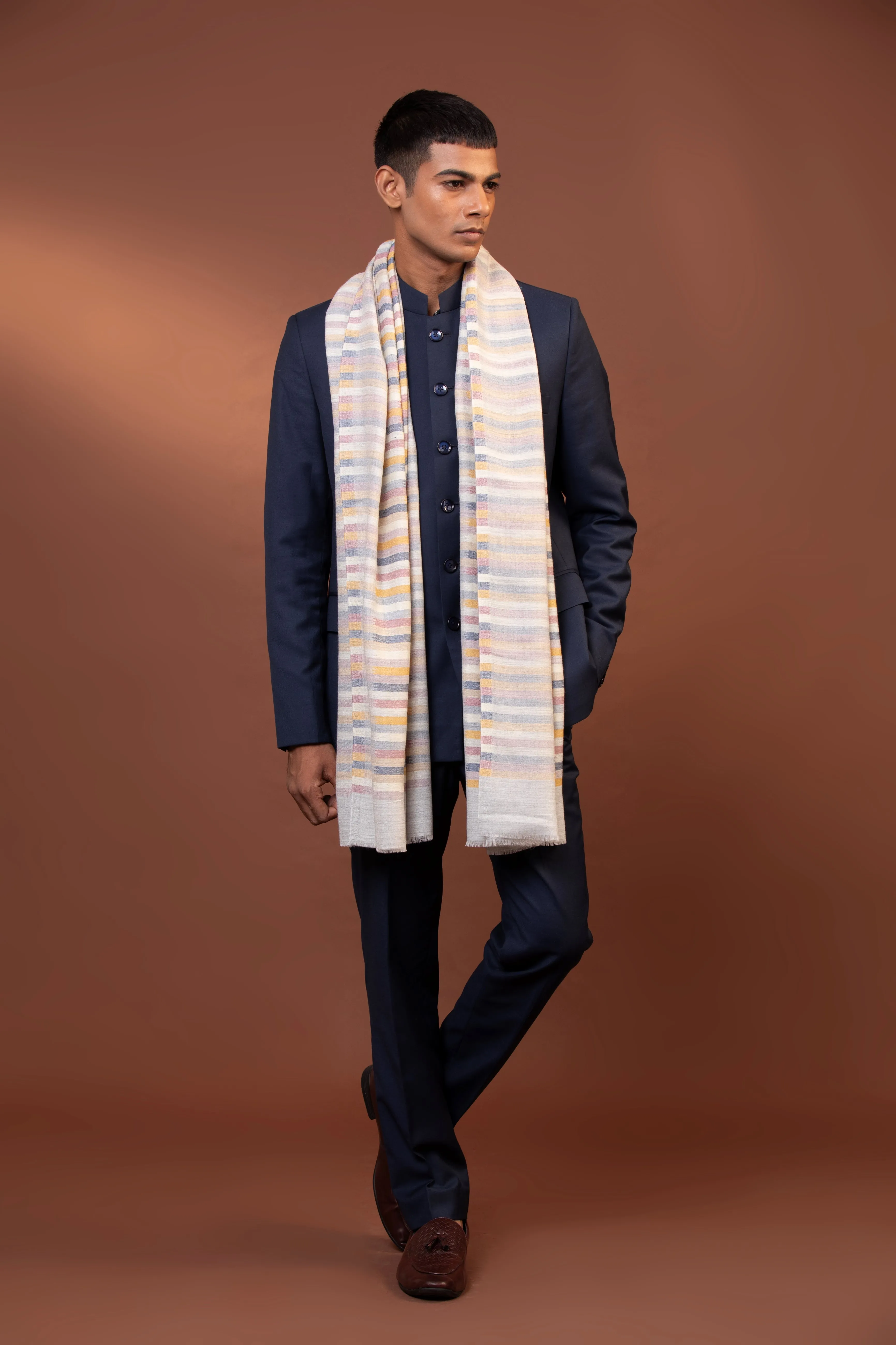 Muted Striped Fine Wool Shawl with Multi-Colored Hand Woven Design