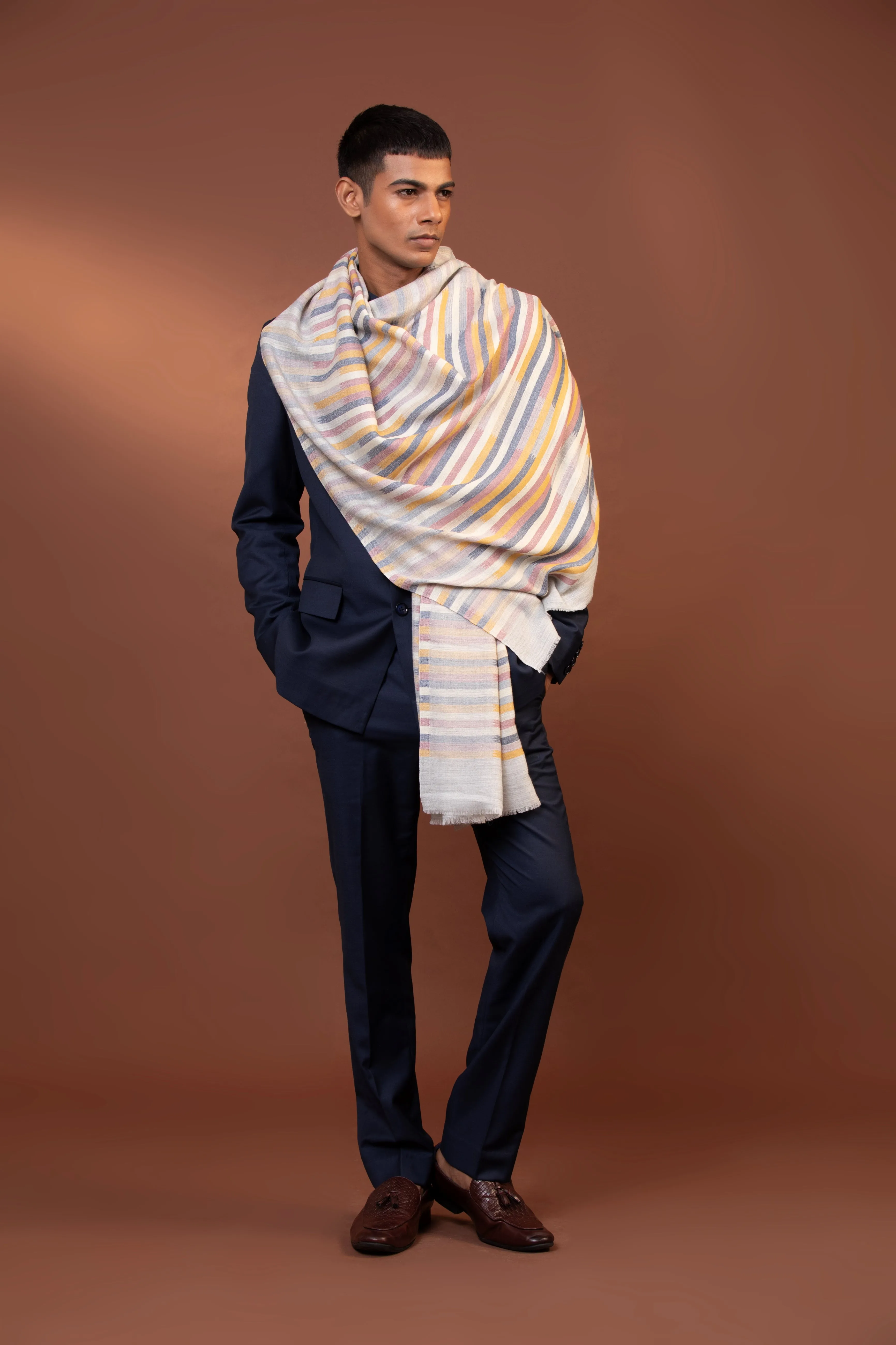 Muted Striped Fine Wool Shawl with Multi-Colored Hand Woven Design