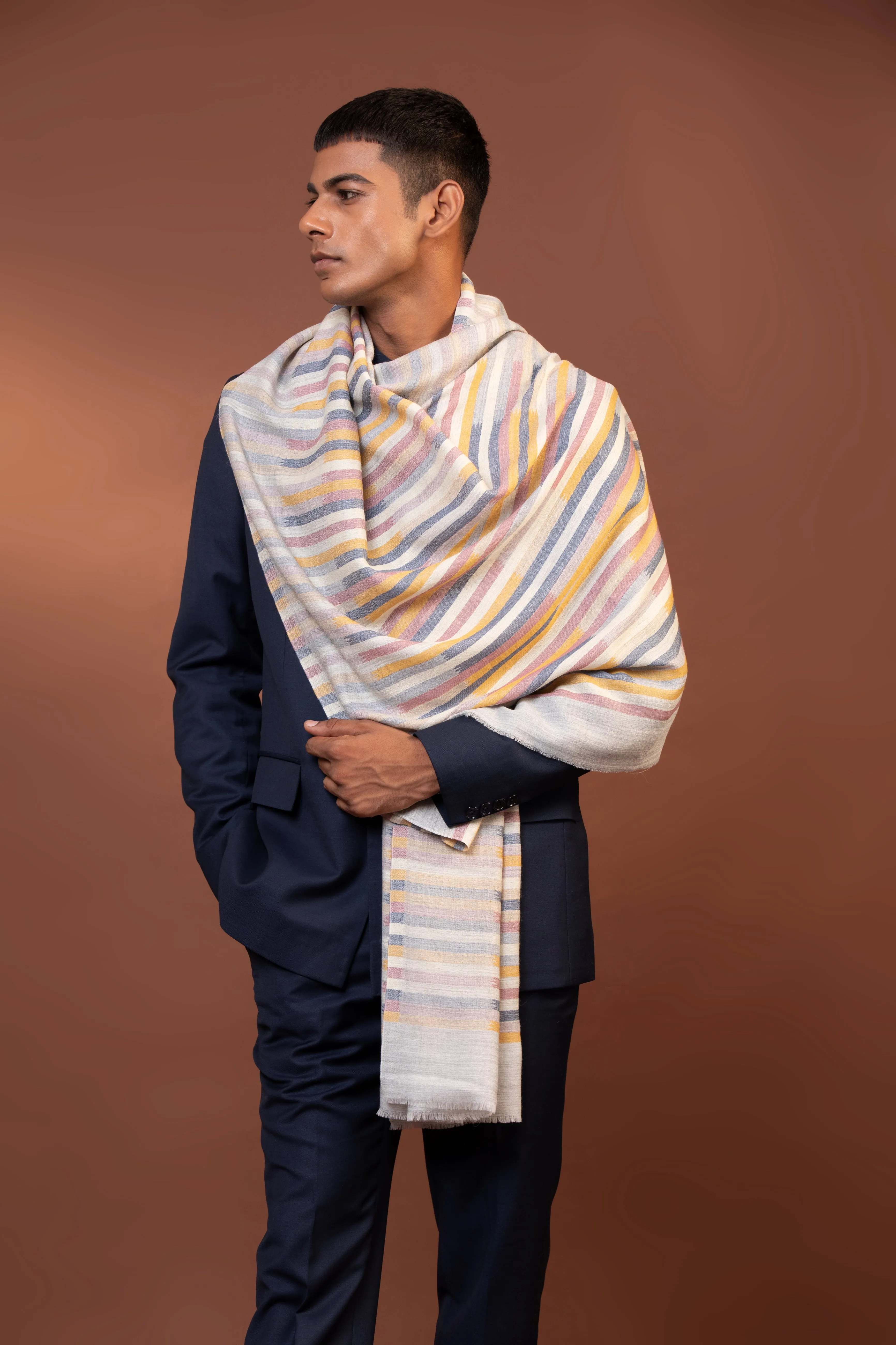 Muted Striped Fine Wool Shawl with Multi-Colored Hand Woven Design