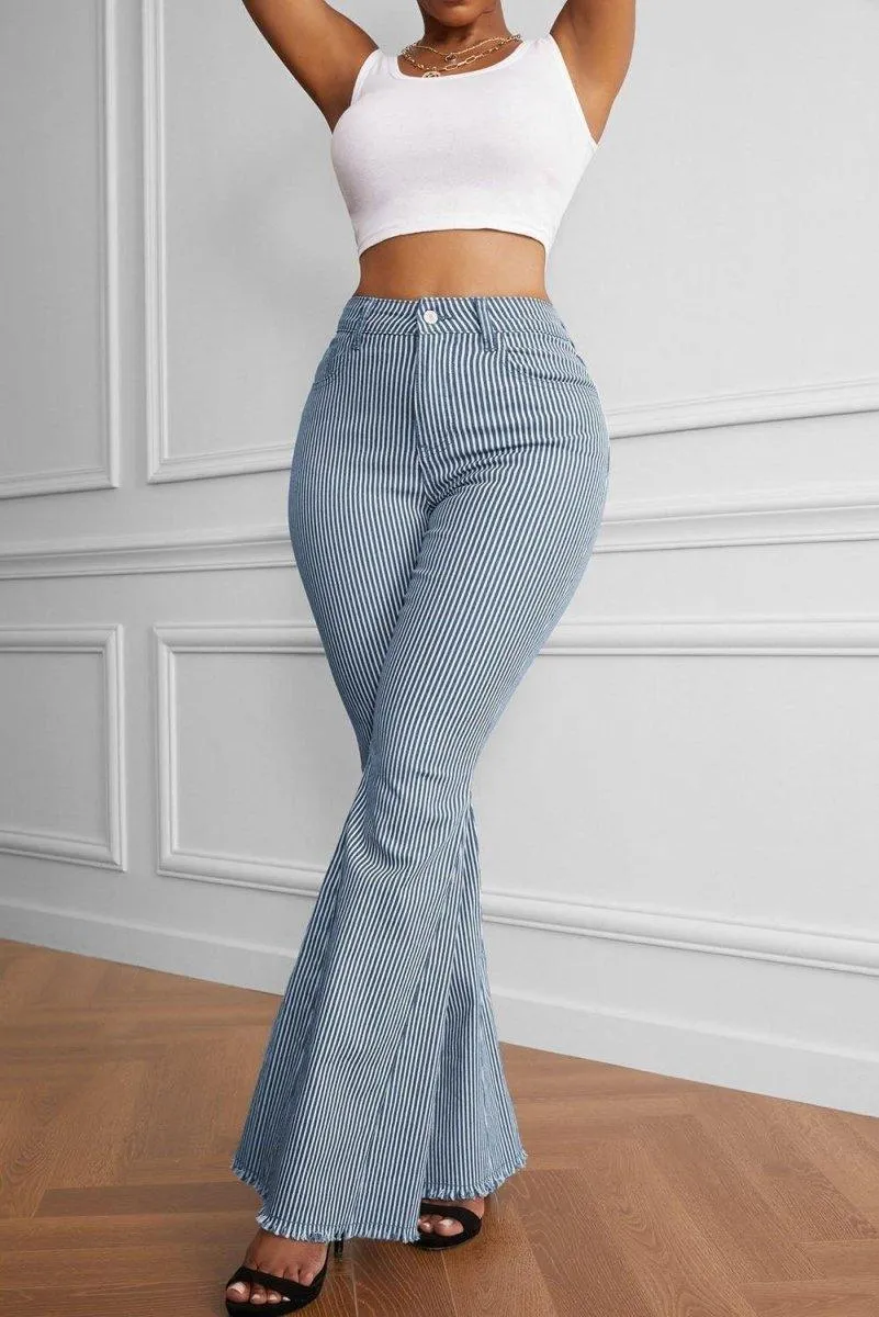 Navy Striped Fringe Flare Denims
