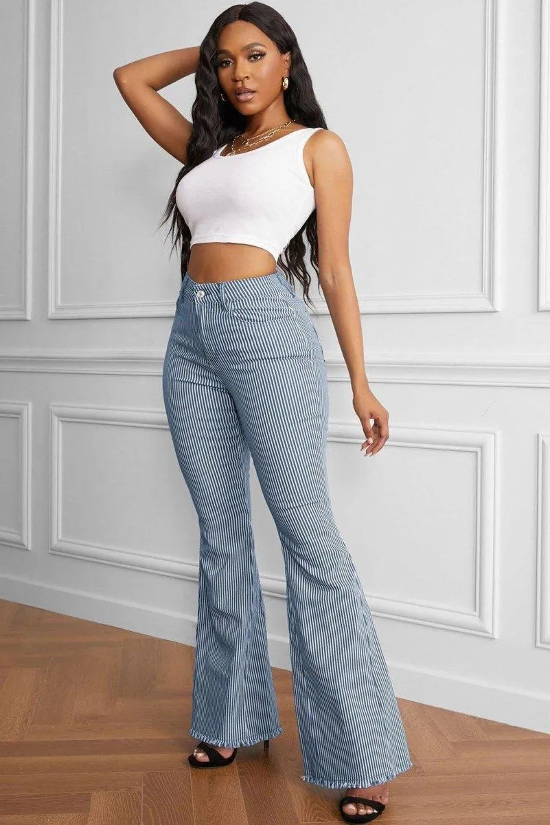 Navy Striped Fringe Flare Denims
