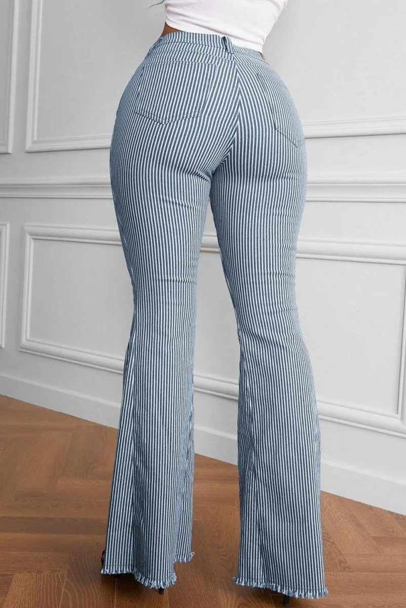 Navy Striped Fringe Flare Denims