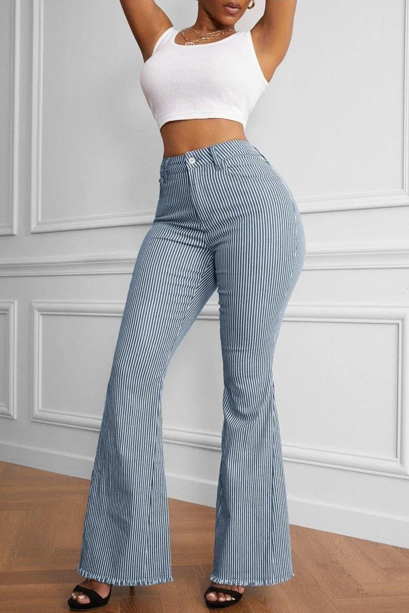 Navy Striped Fringe Flare Denims