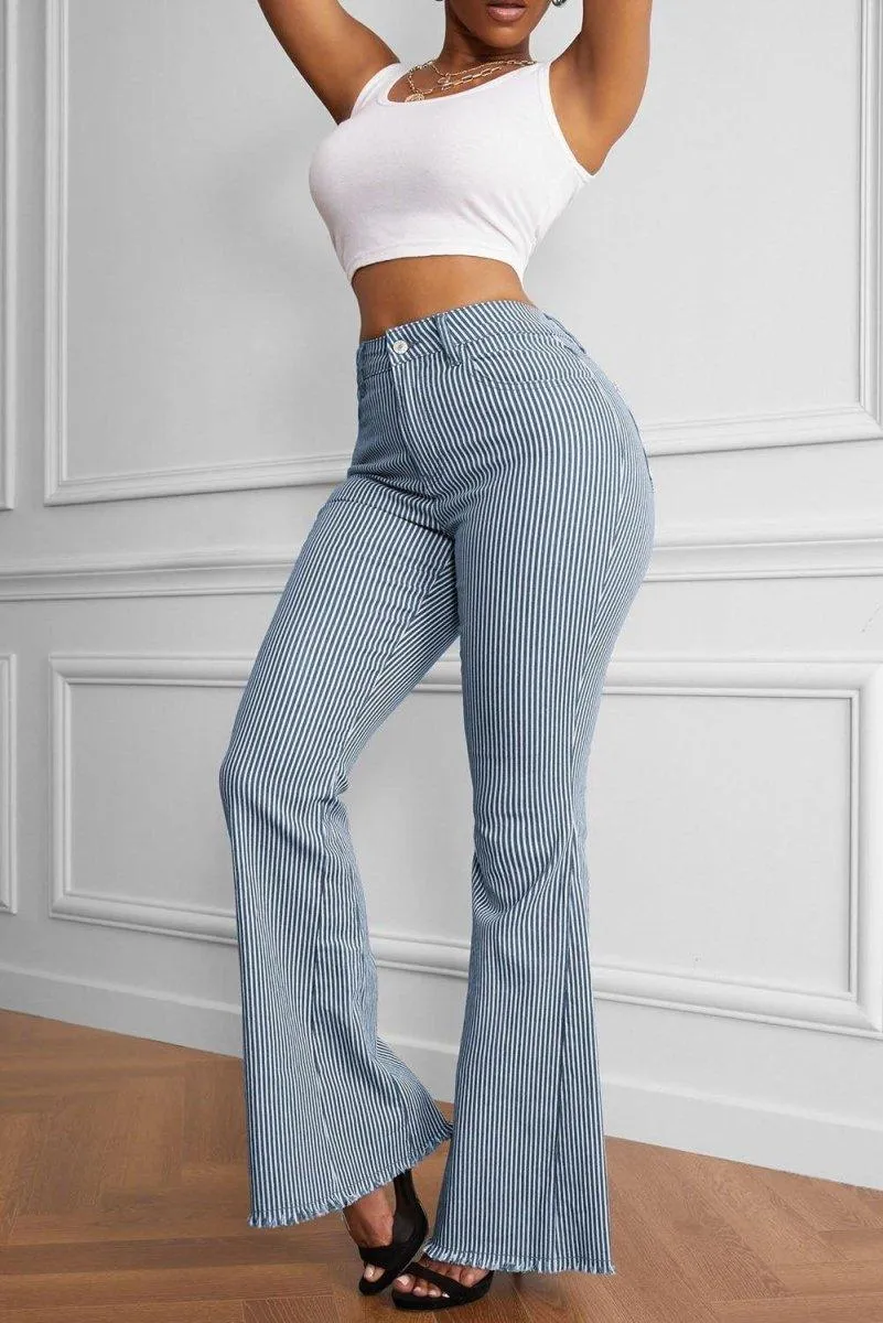 Navy Striped Fringe Flare Denims