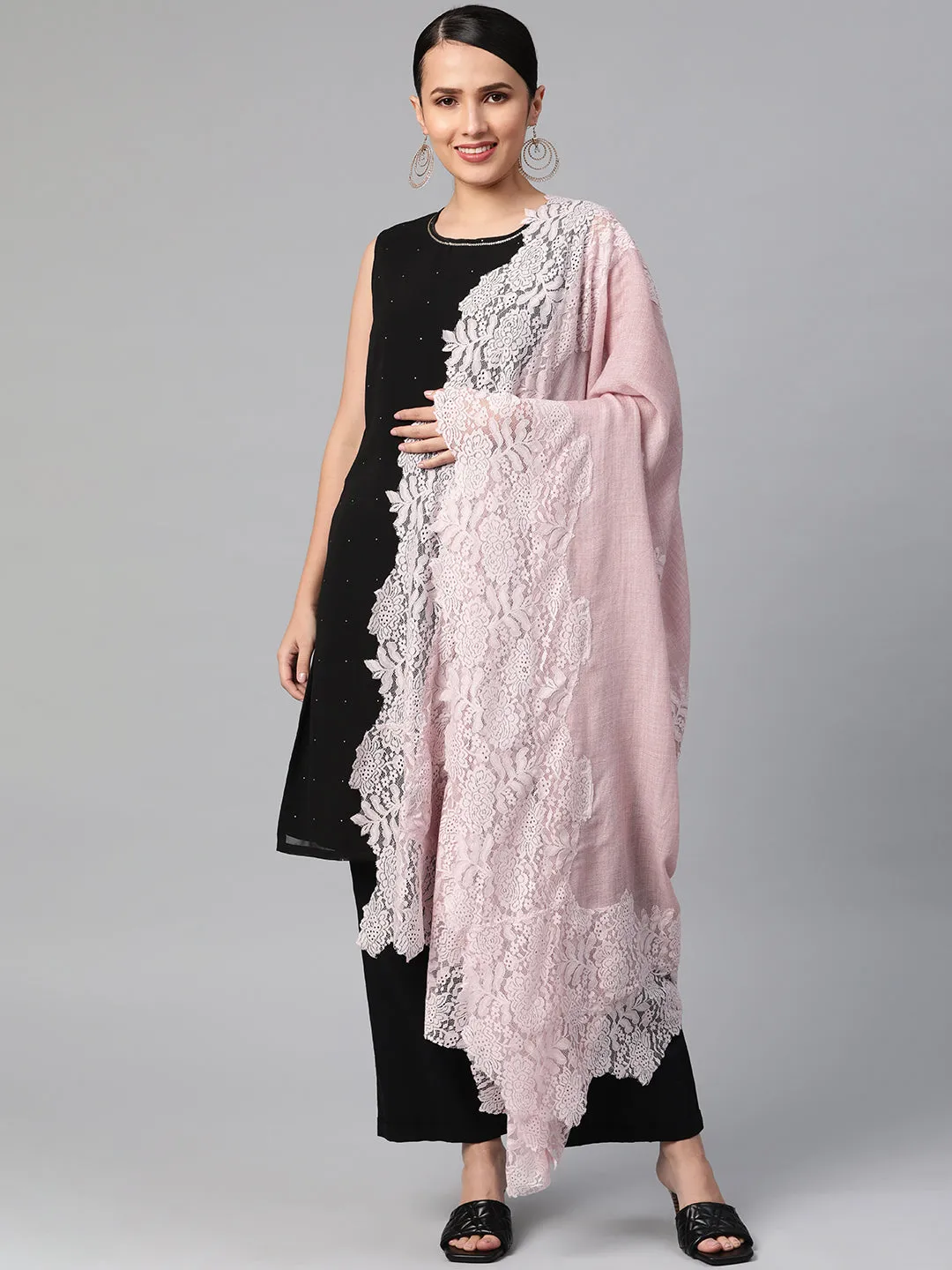 Pastel Pink Shawl adorned with Lace