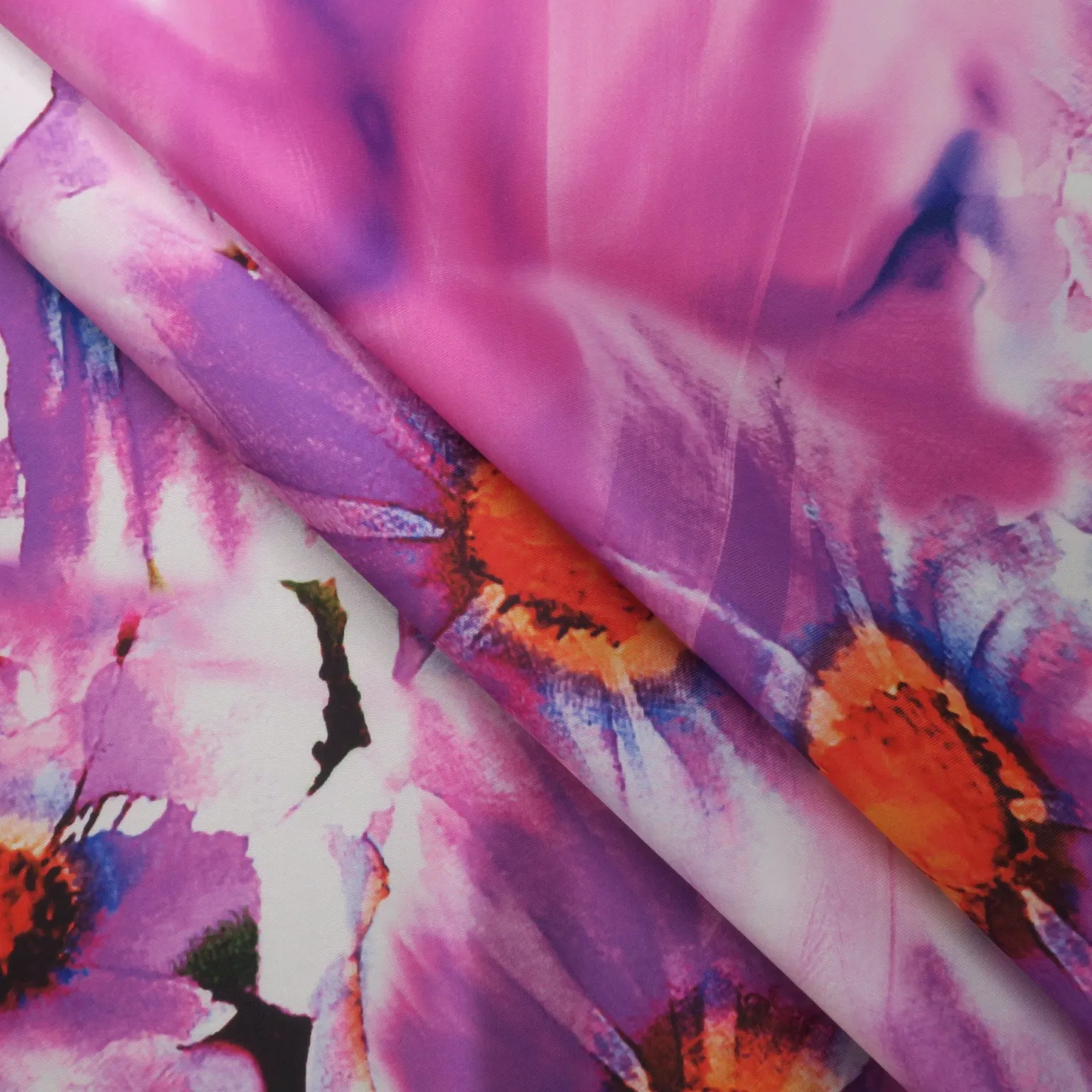 Pink and Orange Floral on Pink Background Printed Polyester Mikado Fabric