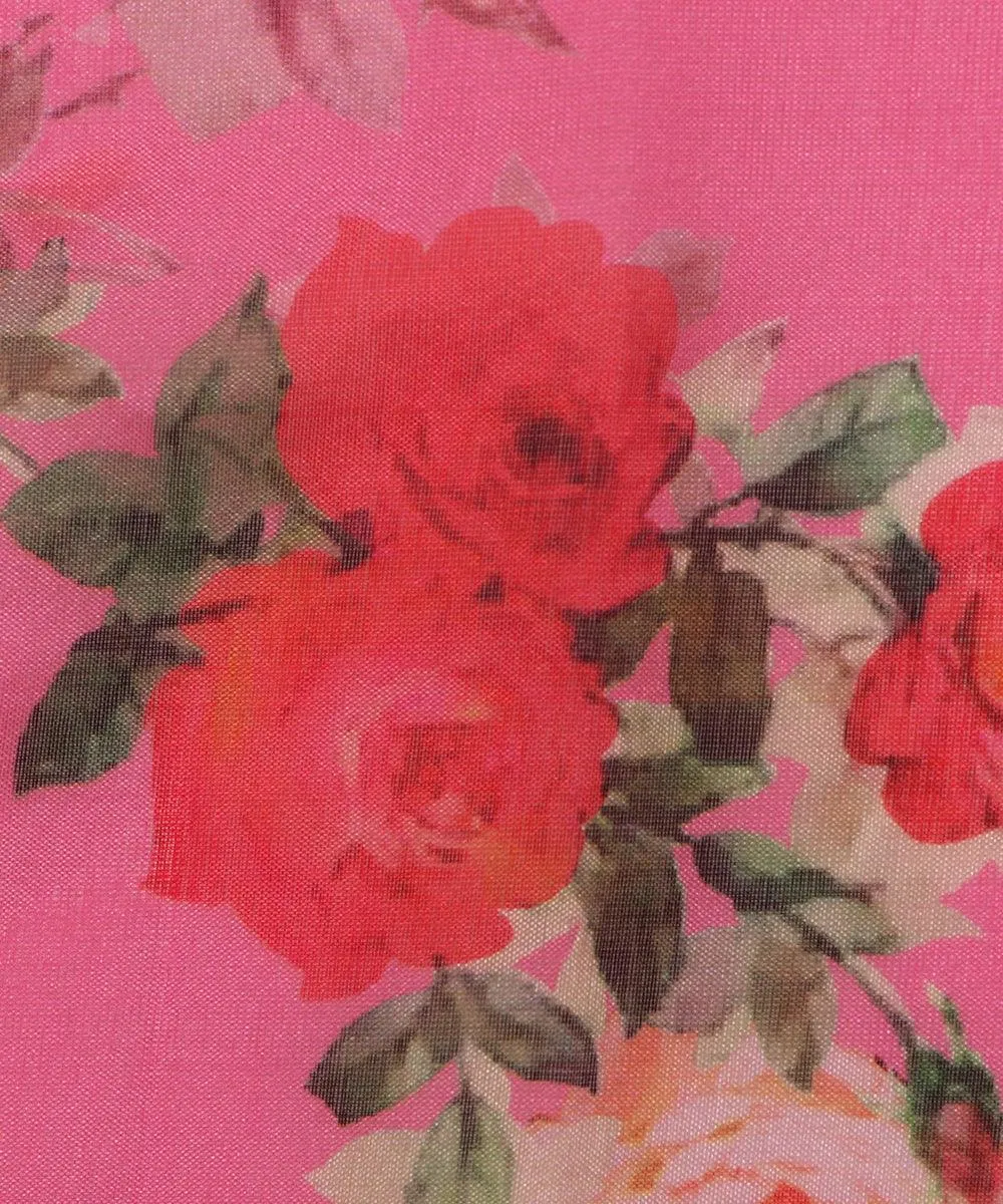 Pink Colour Floral Print Organza Silk Fabric