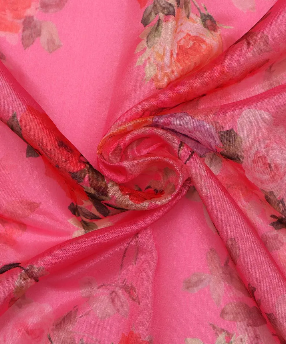 Pink Colour Floral Print Organza Silk Fabric