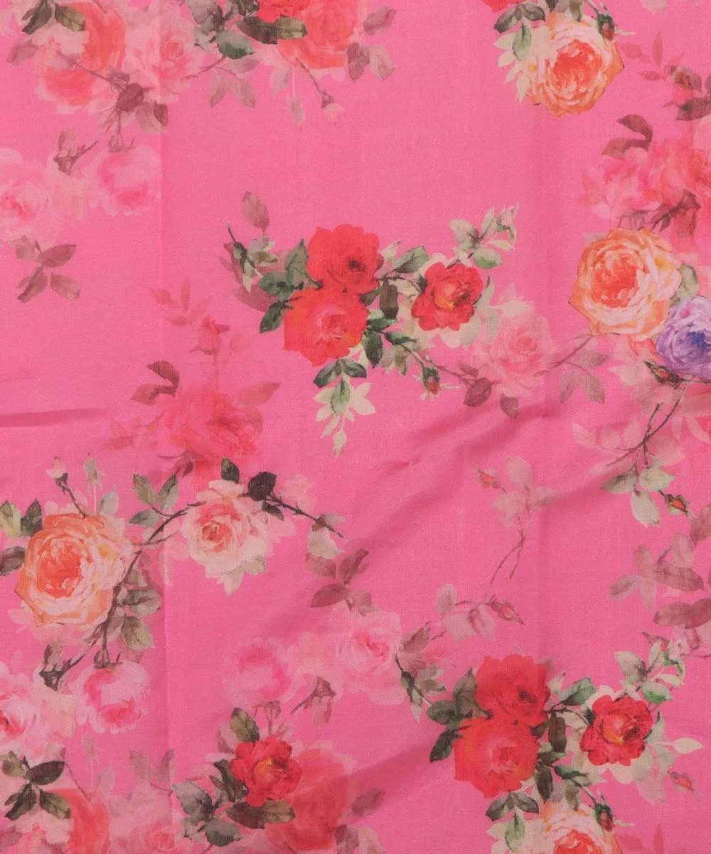 Pink Colour Floral Print Organza Silk Fabric