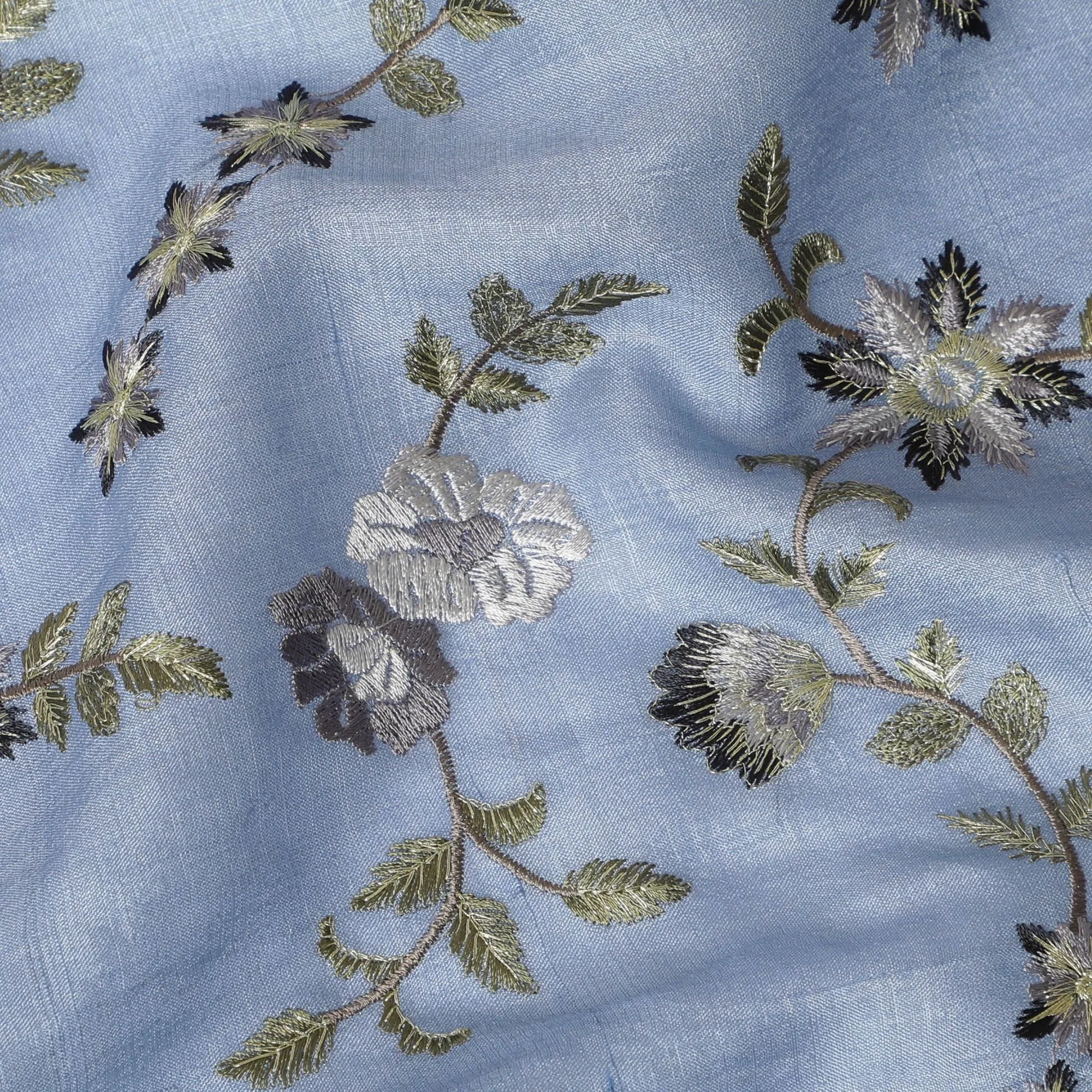 Powder Blue Tussar Silk Fabric with Elegant Embroidery, 110cm Width - Fine Indian Textile-D17927