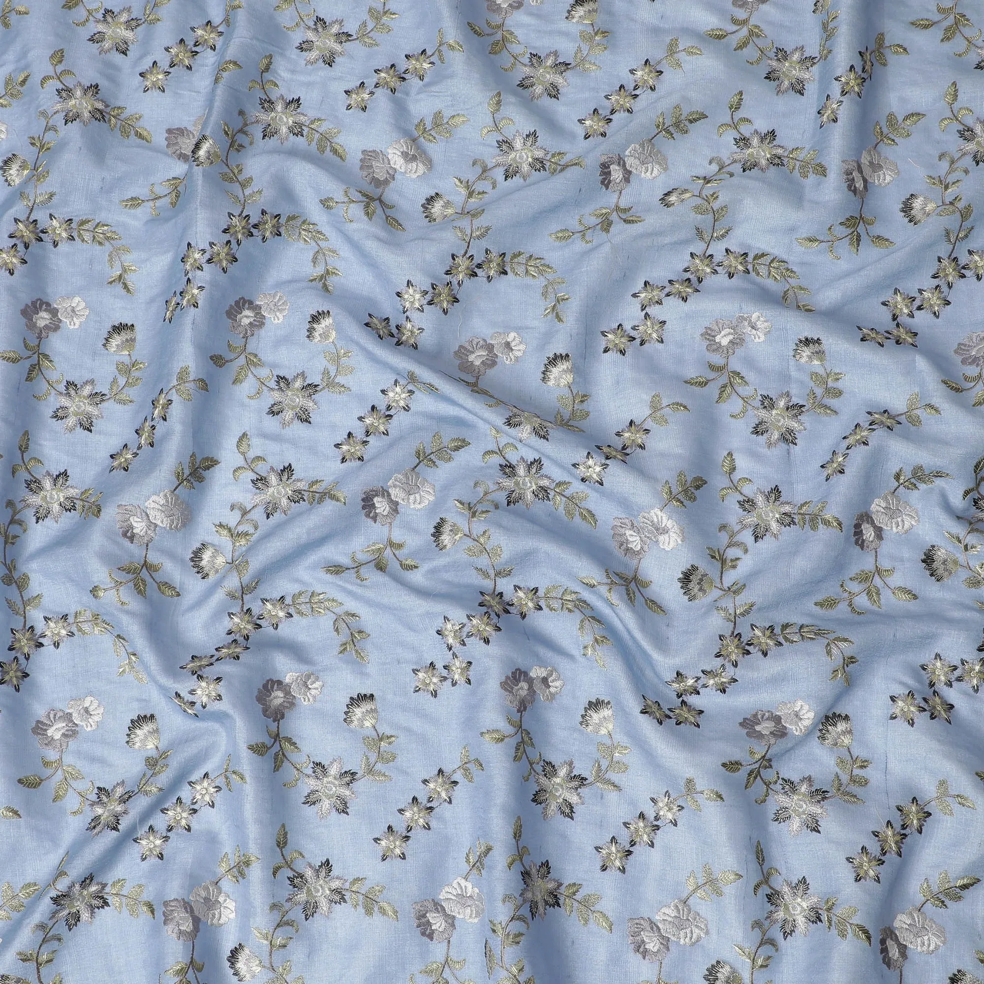 Powder Blue Tussar Silk Fabric with Elegant Embroidery, 110cm Width - Fine Indian Textile-D17927