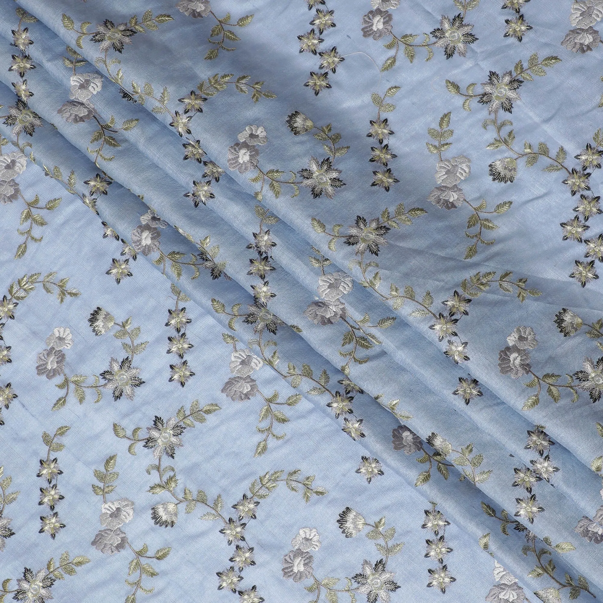 Powder Blue Tussar Silk Fabric with Elegant Embroidery, 110cm Width - Fine Indian Textile-D17927