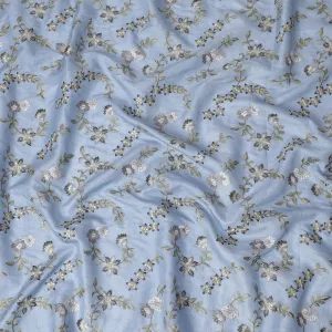 Powder Blue Tussar Silk Fabric with Elegant Embroidery, 110cm Width - Fine Indian Textile-D17927