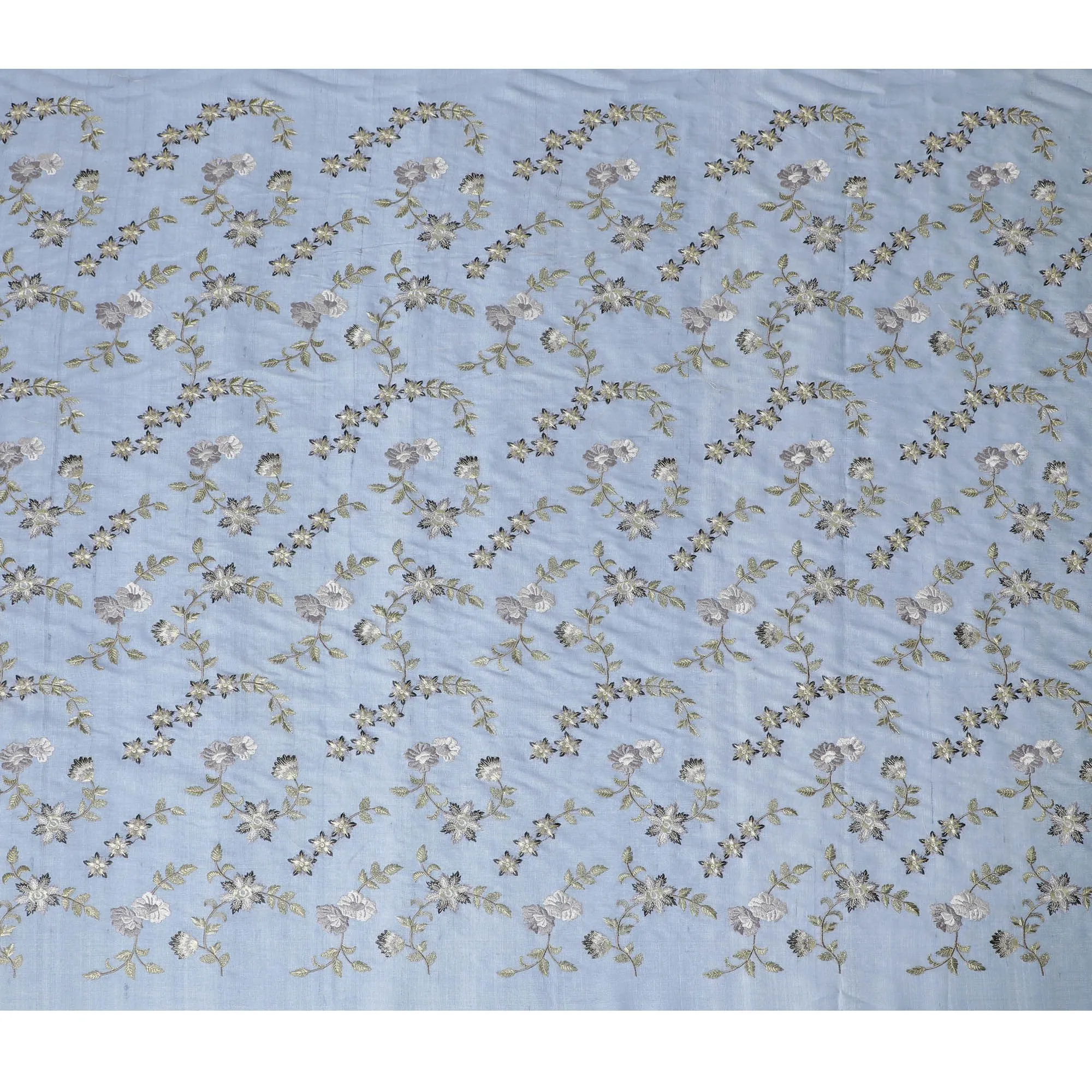 Powder Blue Tussar Silk Fabric with Elegant Embroidery, 110cm Width - Fine Indian Textile-D17927