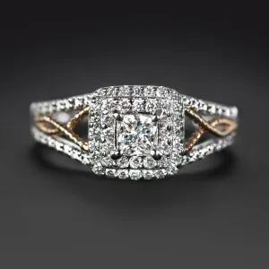 PRINCESS CUT DIAMOND ENGAGEMENT RING DOUBLE HALO TWO TONE ROSE WHITE GOLD PAVE
