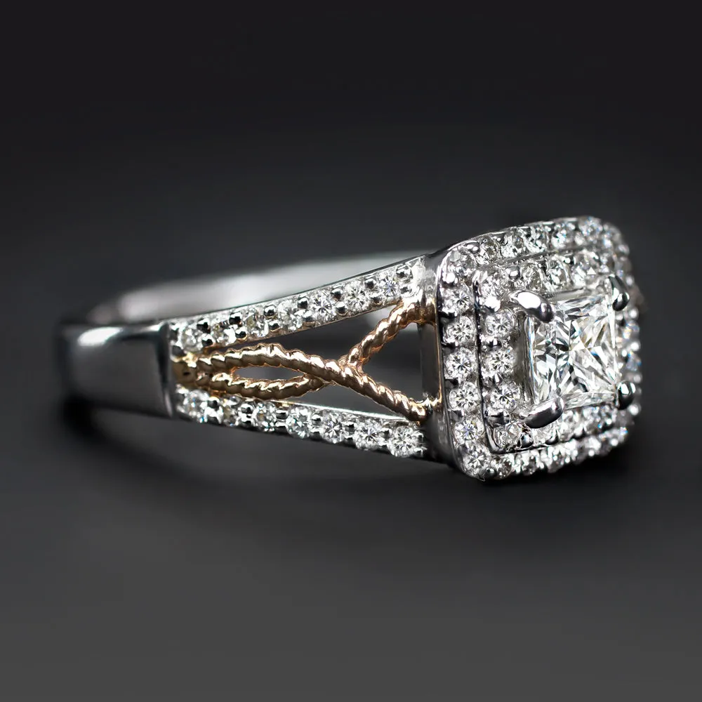 PRINCESS CUT DIAMOND ENGAGEMENT RING DOUBLE HALO TWO TONE ROSE WHITE GOLD PAVE