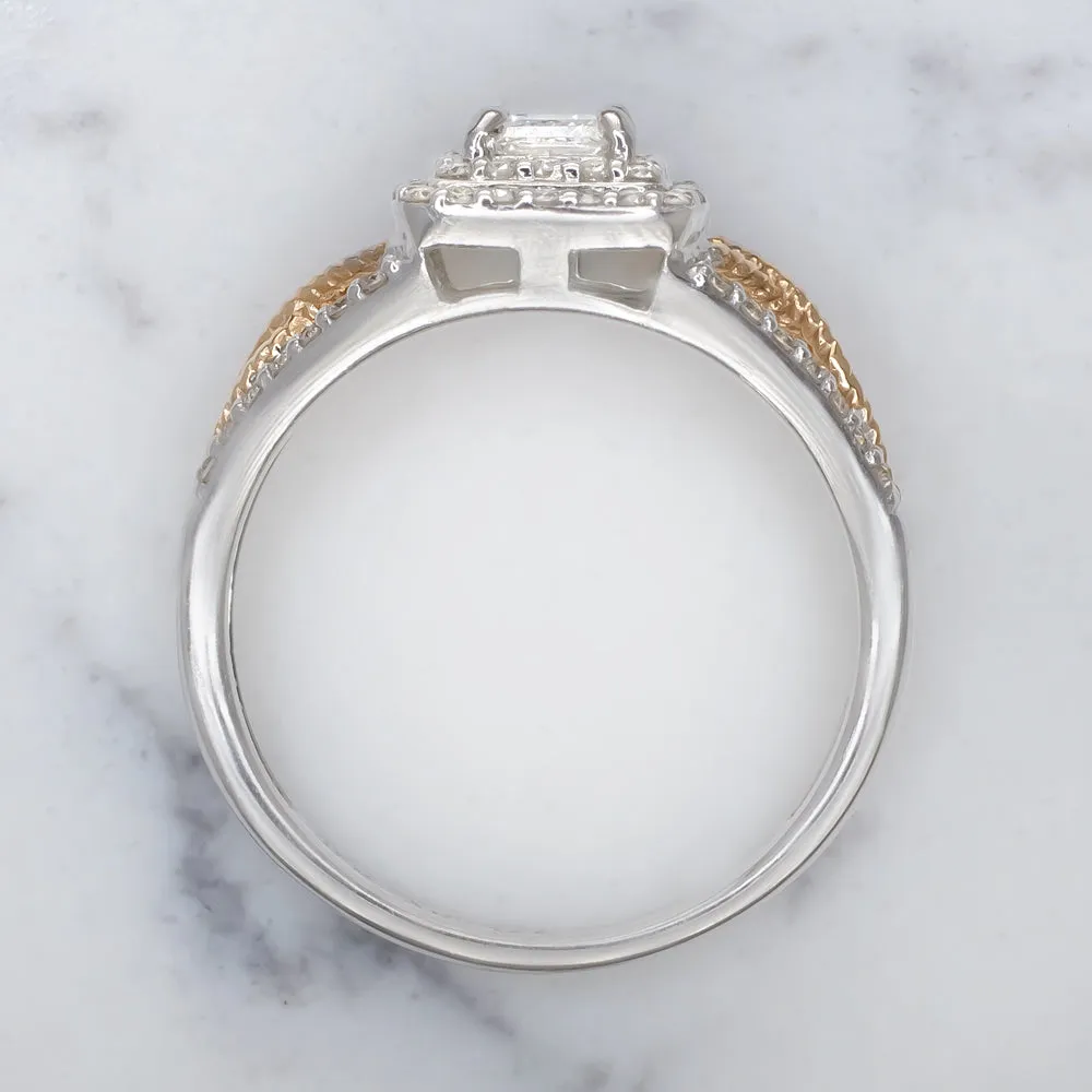 PRINCESS CUT DIAMOND ENGAGEMENT RING DOUBLE HALO TWO TONE ROSE WHITE GOLD PAVE