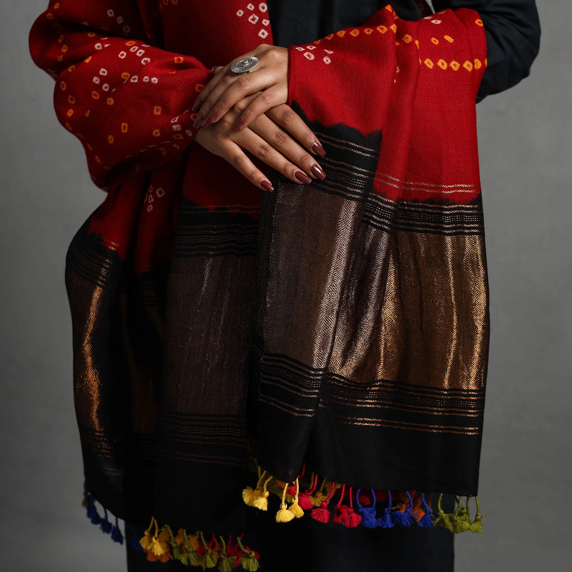 Red - Kutch Zari Work Handwoven Bandhani Woolen Shawl 20