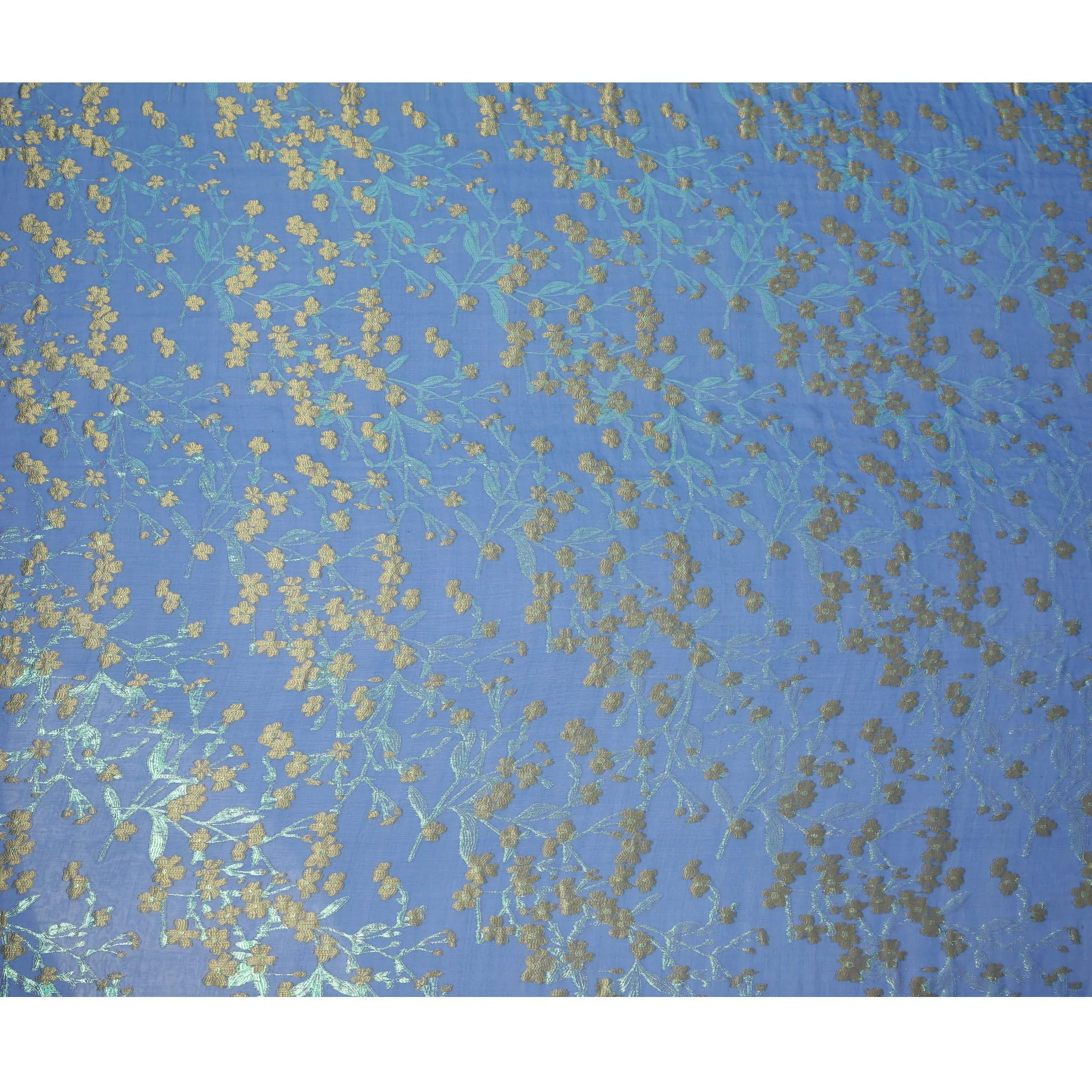 Royal Blue Silk Chiffon Fabric with Gold Floral Embroidery and Metallic Lurex, 110 cm Width, Made in South Korea-D21154