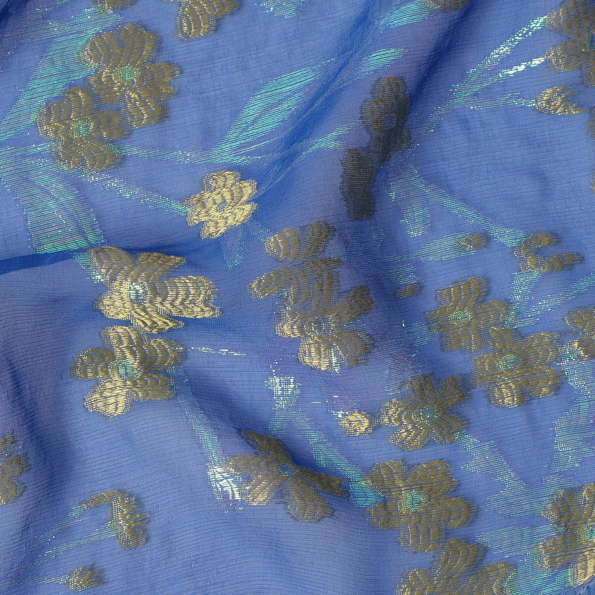 Royal Blue Silk Chiffon Fabric with Gold Floral Embroidery and Metallic Lurex, 110 cm Width, Made in South Korea-D21154