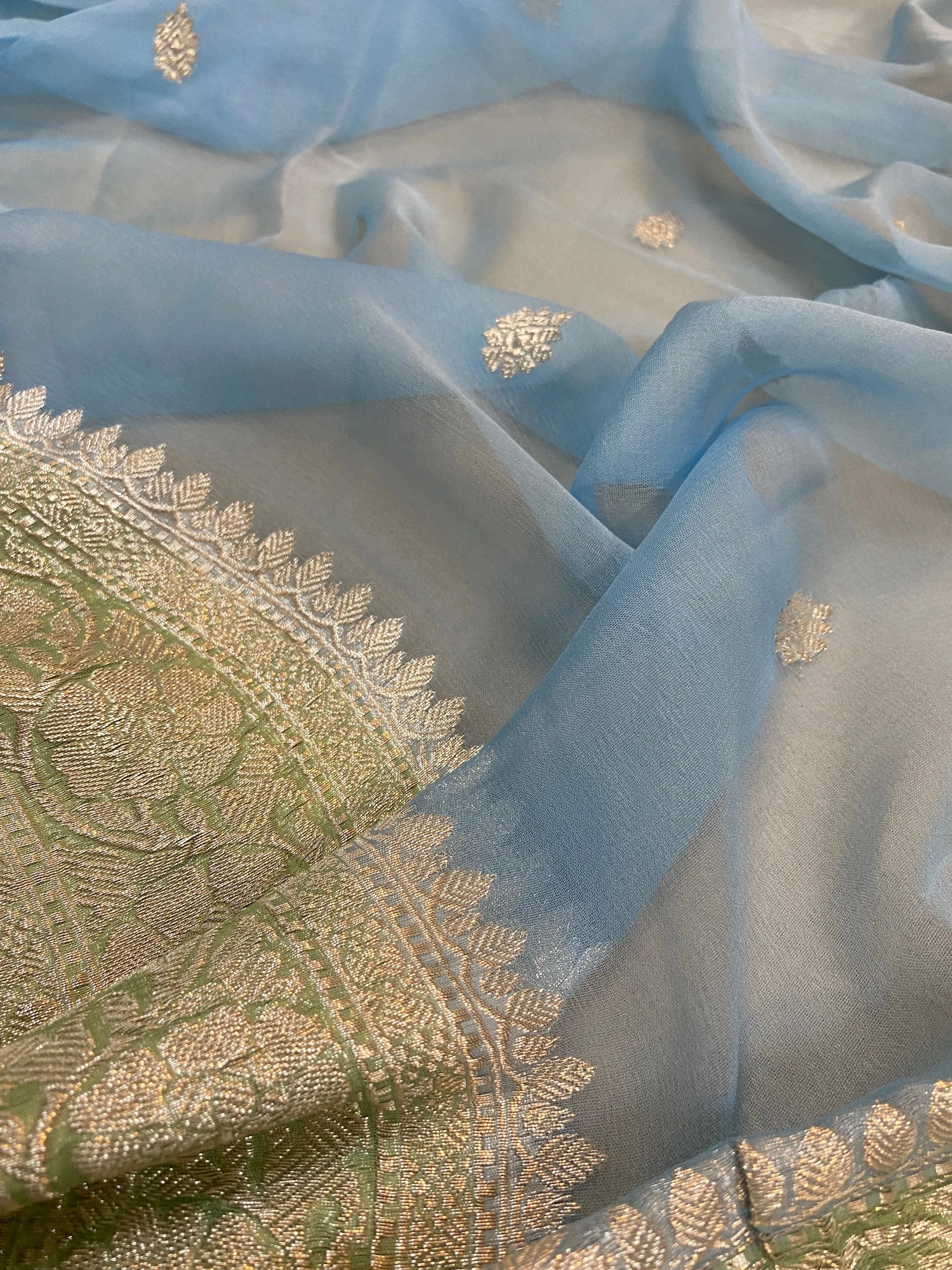Serene Elegance: Sky Blue and Green Pure Khaddi Chiffon Handloom Banarasi Saree