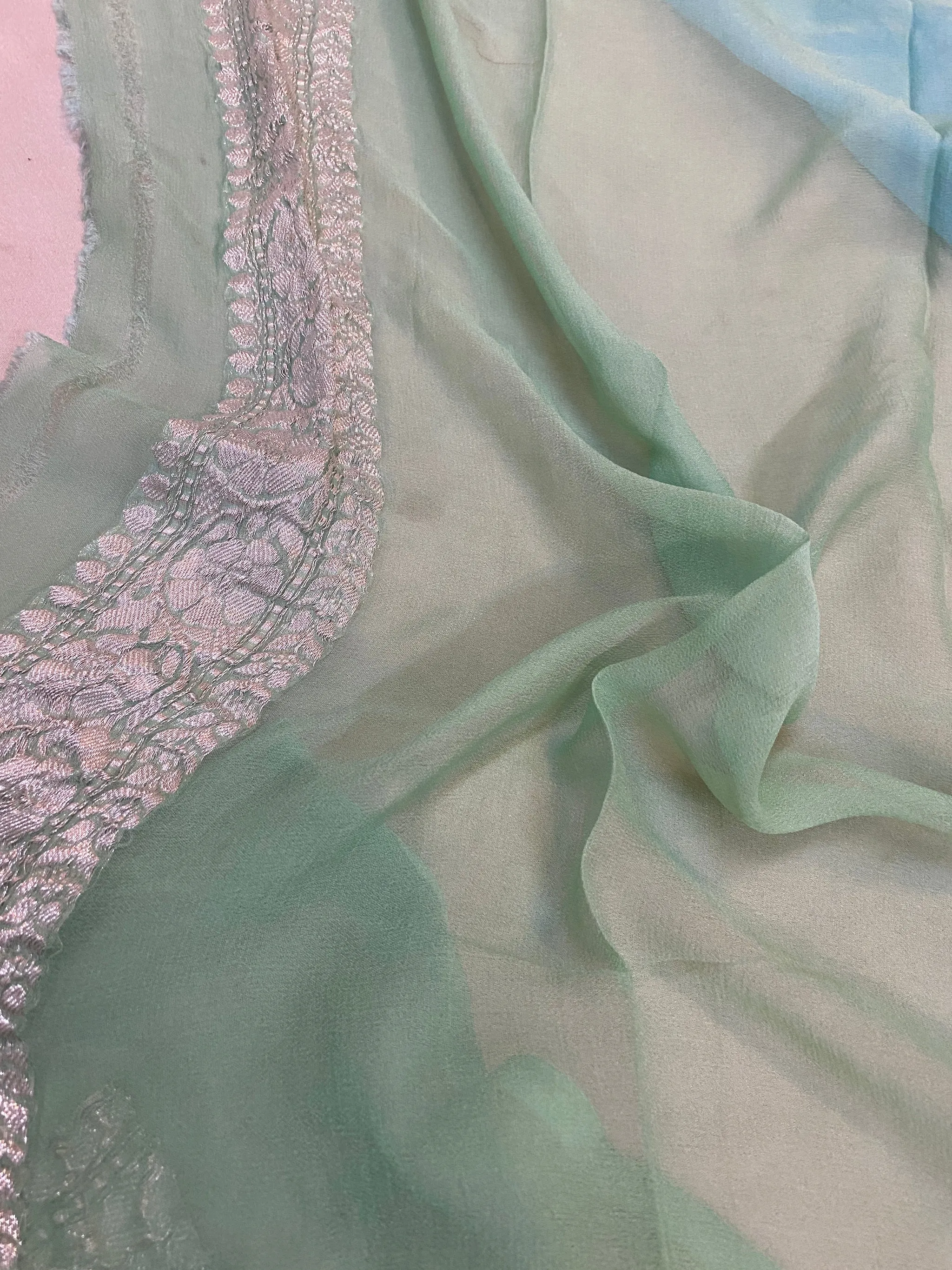 Serene Elegance: Sky Blue and Green Pure Khaddi Chiffon Handloom Banarasi Saree