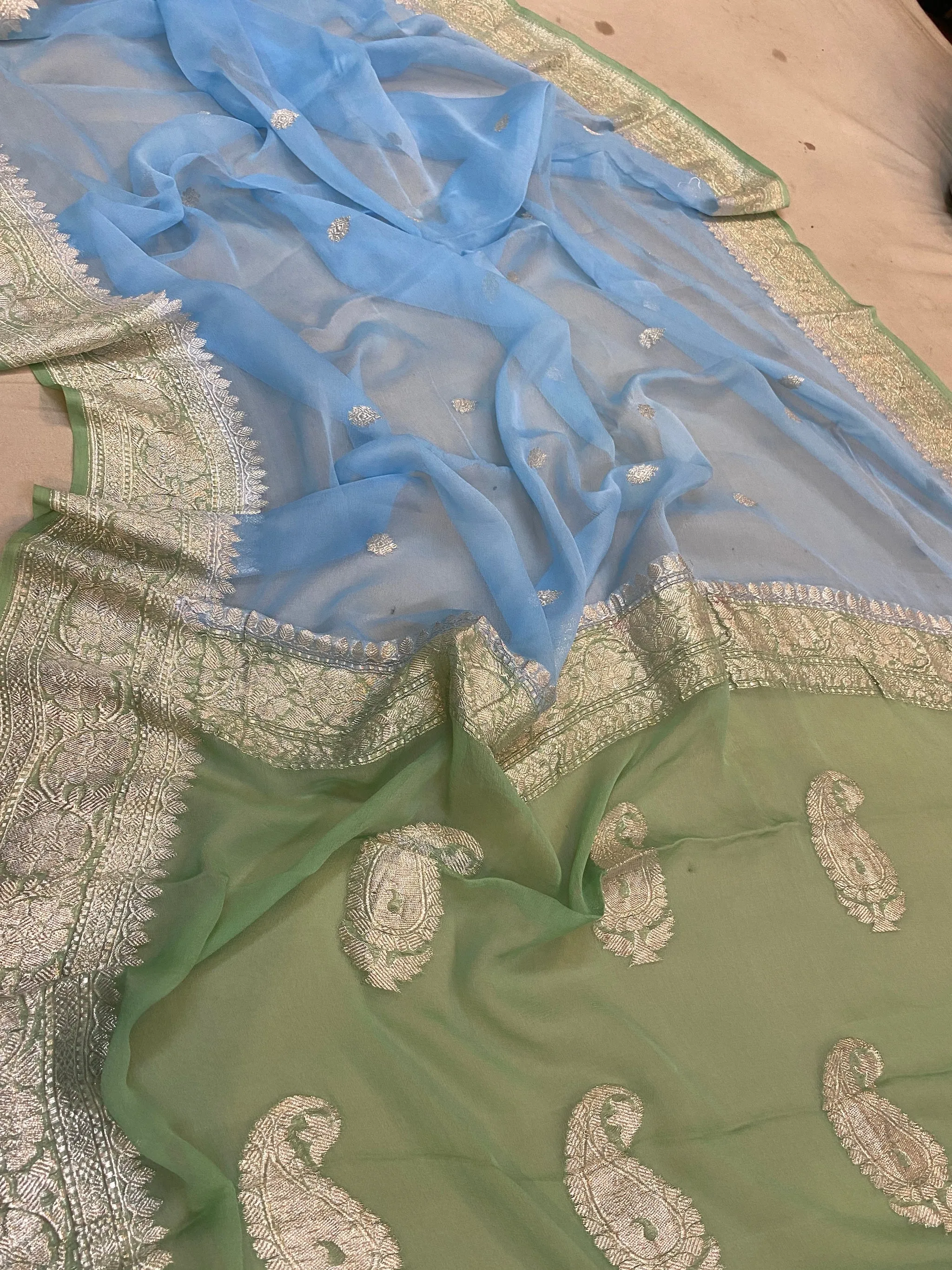Serene Elegance: Sky Blue and Green Pure Khaddi Chiffon Handloom Banarasi Saree