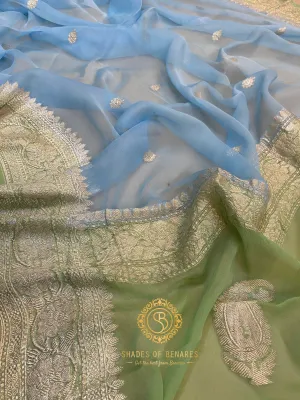 Serene Elegance: Sky Blue and Green Pure Khaddi Chiffon Handloom Banarasi Saree