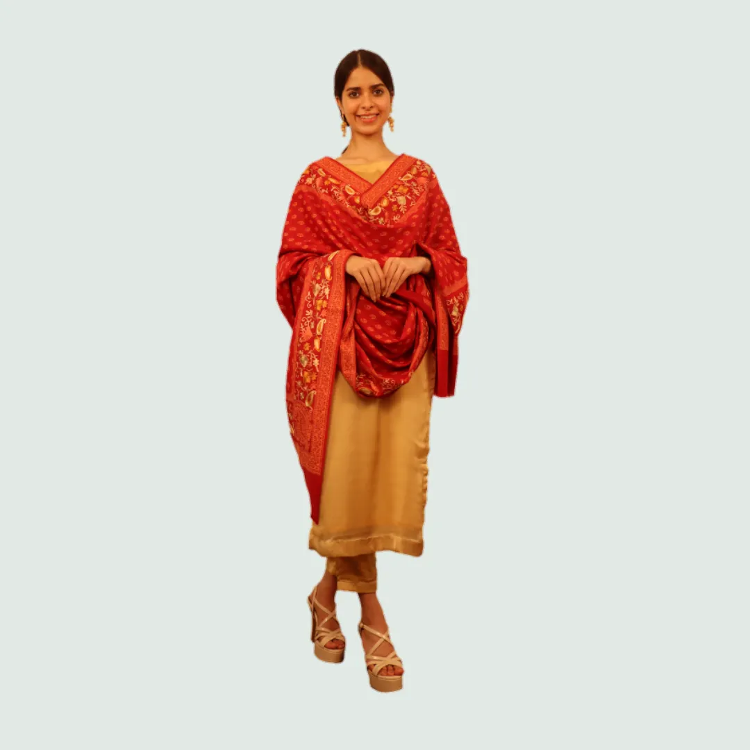 Tangerine Floral Odhani | Stoles & Shawls | 100% Wool