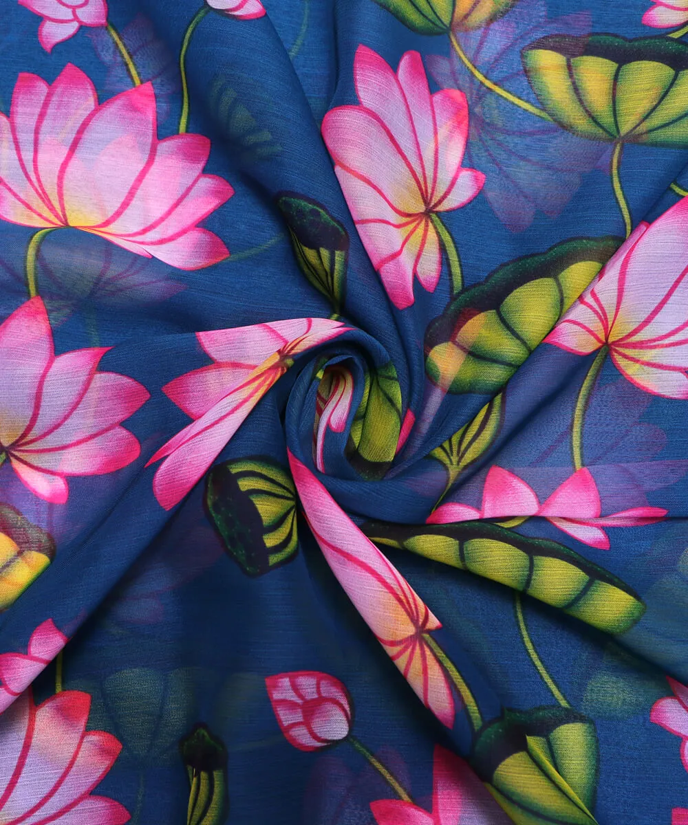 Teal Blue Colour Floral Print Digital Print Chiffon Fabric