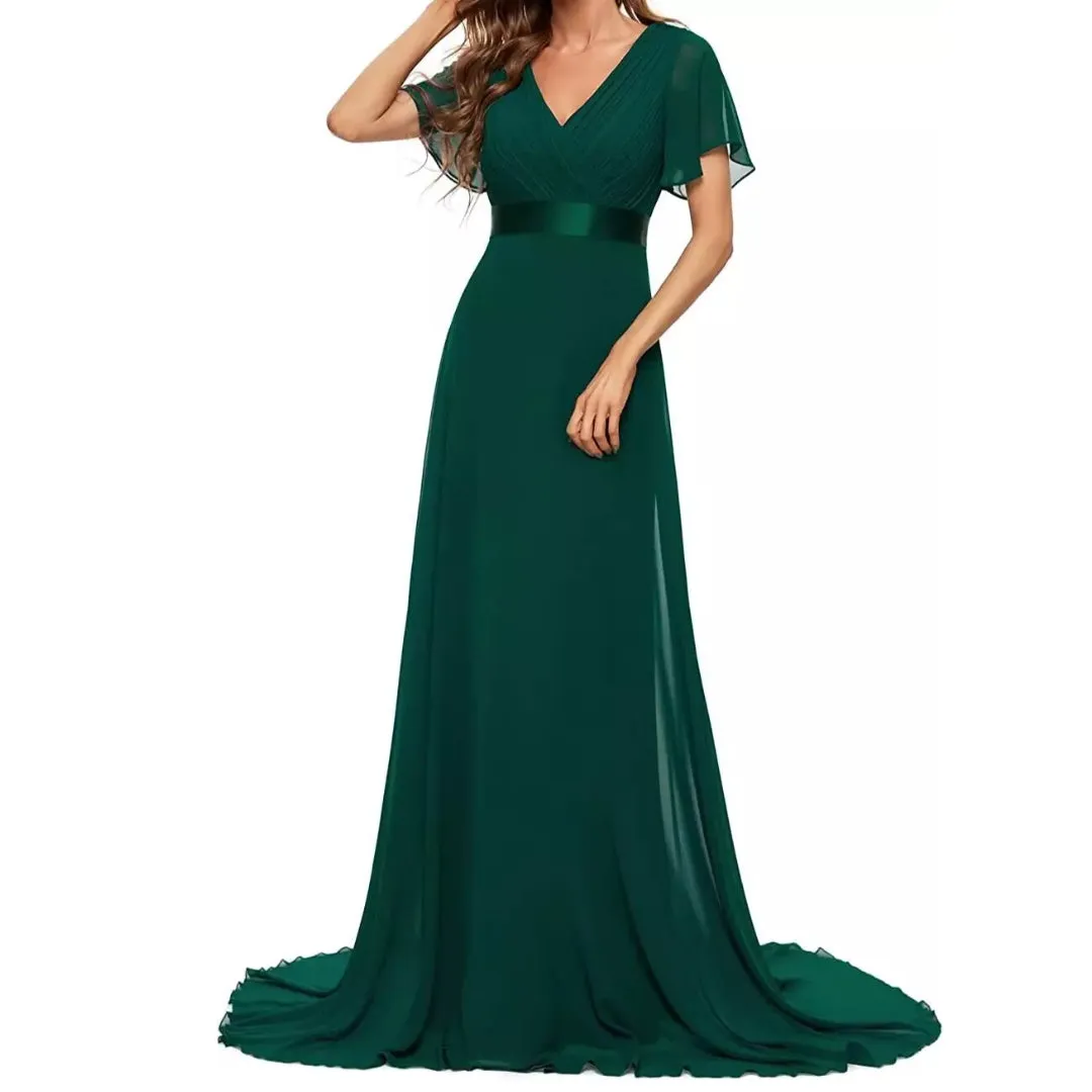 V Neck Short Sleeve Chiffon Long Dress