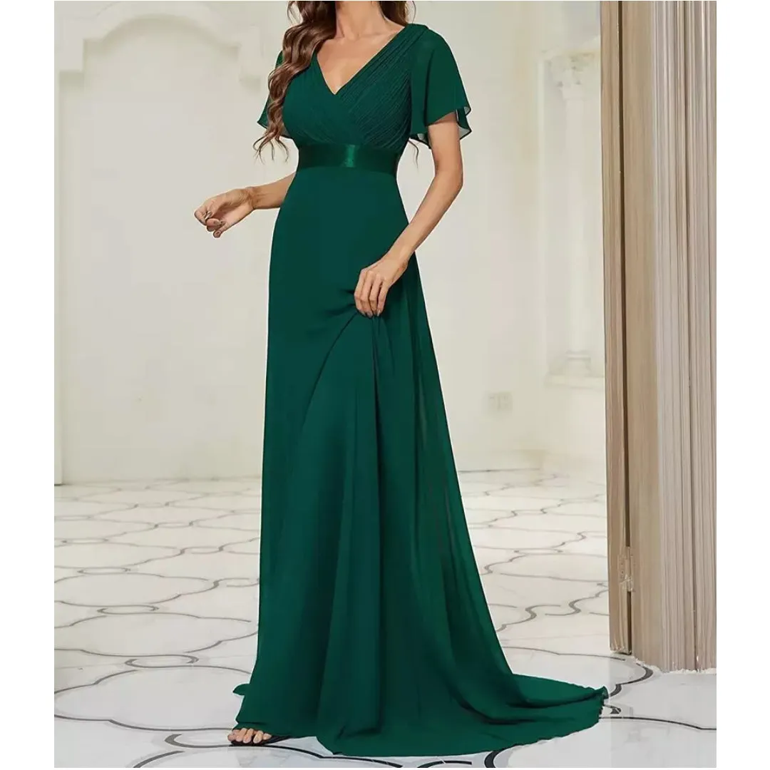V Neck Short Sleeve Chiffon Long Dress