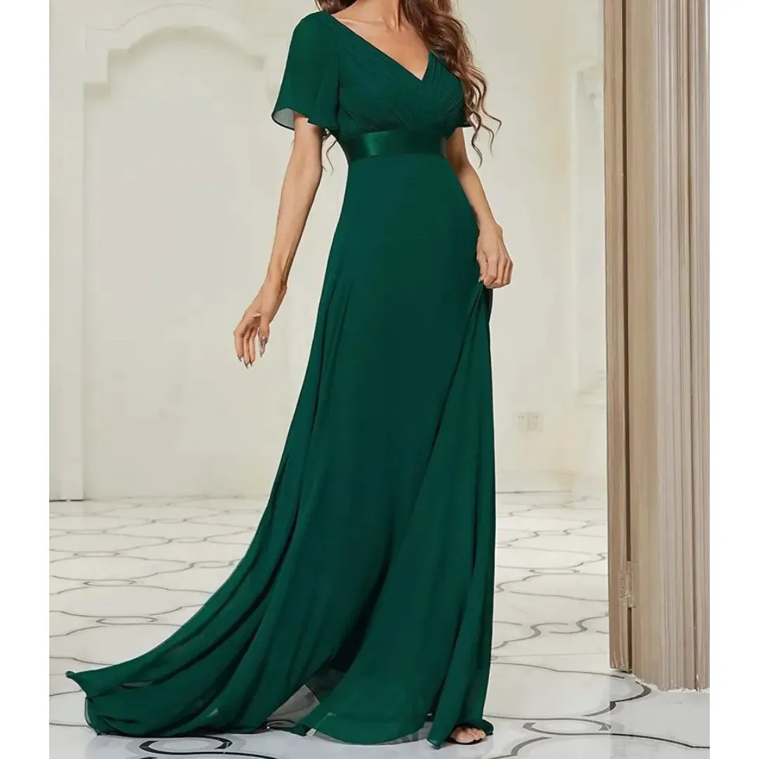 V Neck Short Sleeve Chiffon Long Dress