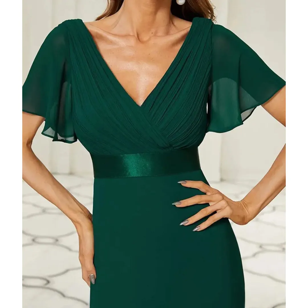 V Neck Short Sleeve Chiffon Long Dress