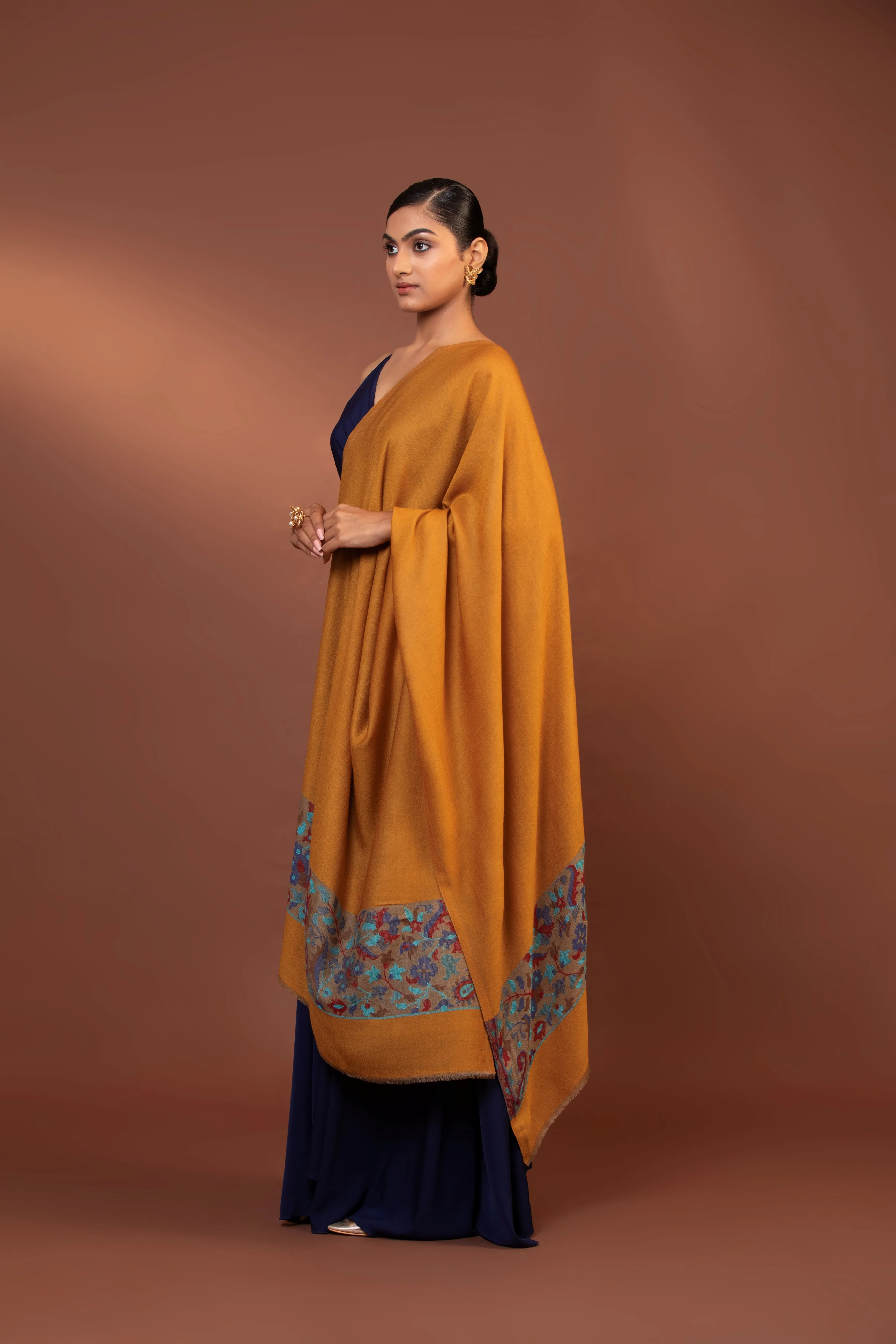 Vibrant Yellow Fine Wool Shawl with Elegant Embroidered Border