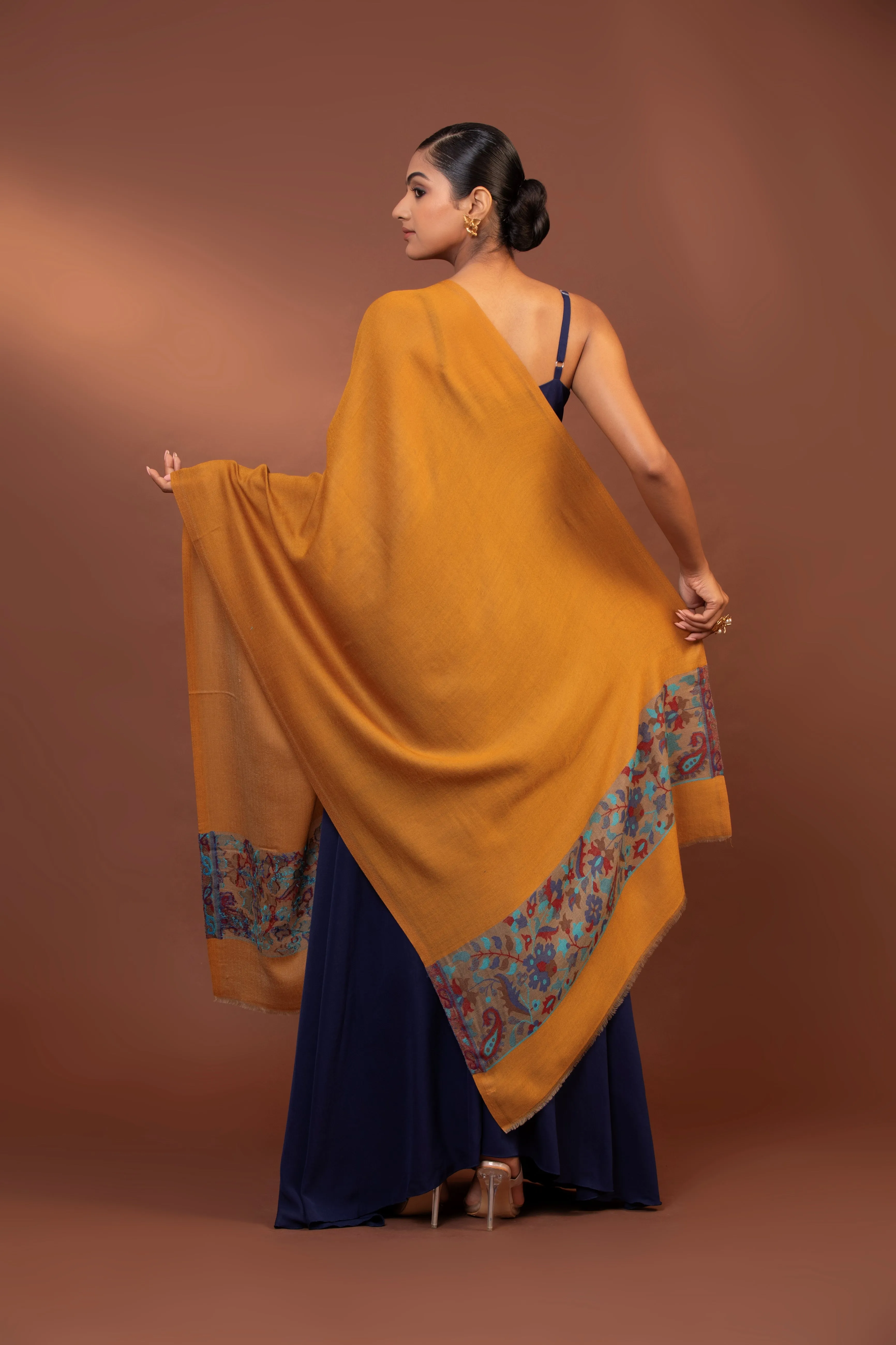 Vibrant Yellow Fine Wool Shawl with Elegant Embroidered Border