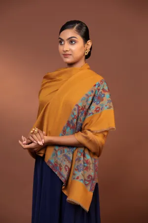 Vibrant Yellow Fine Wool Shawl with Elegant Embroidered Border