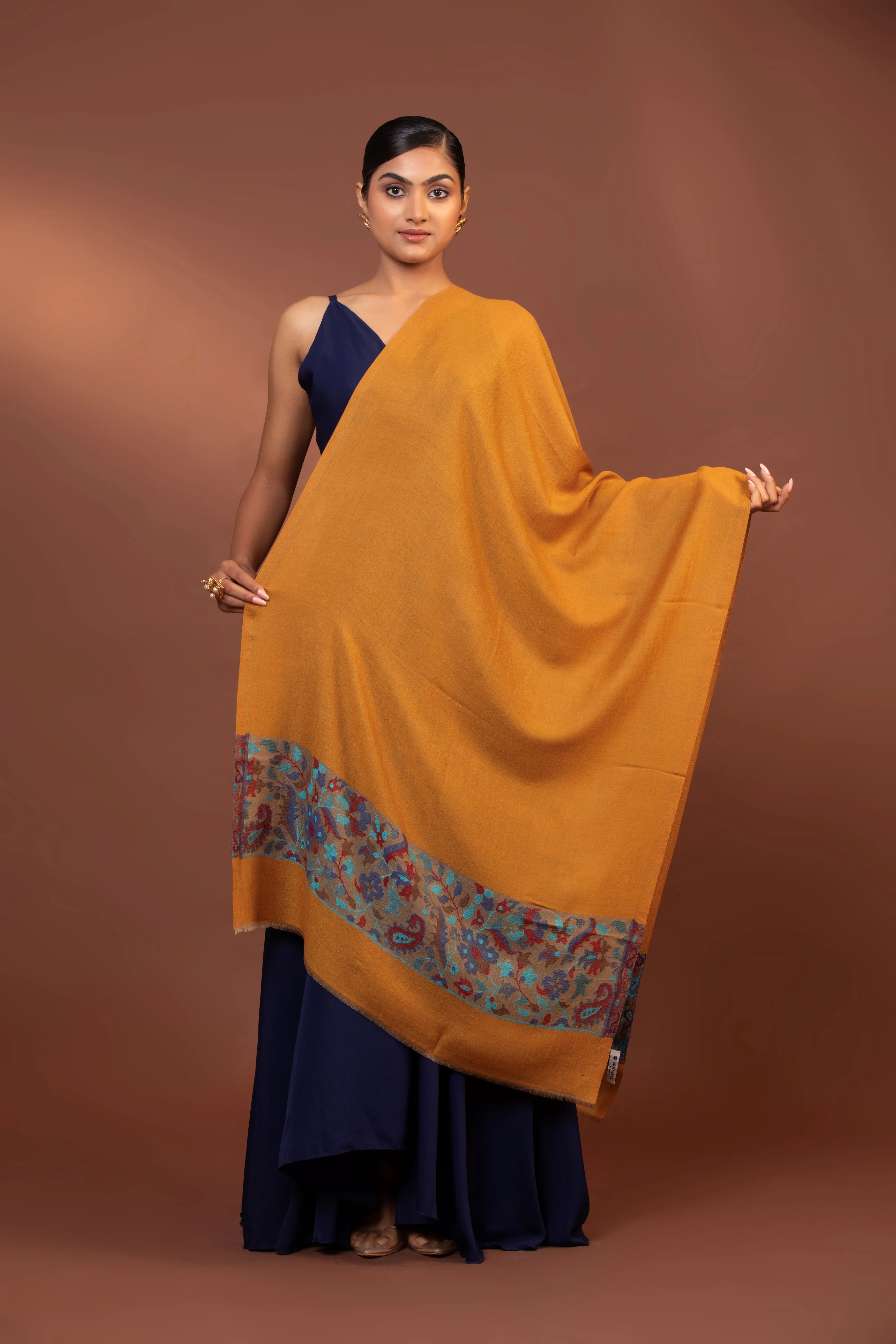 Vibrant Yellow Fine Wool Shawl with Elegant Embroidered Border