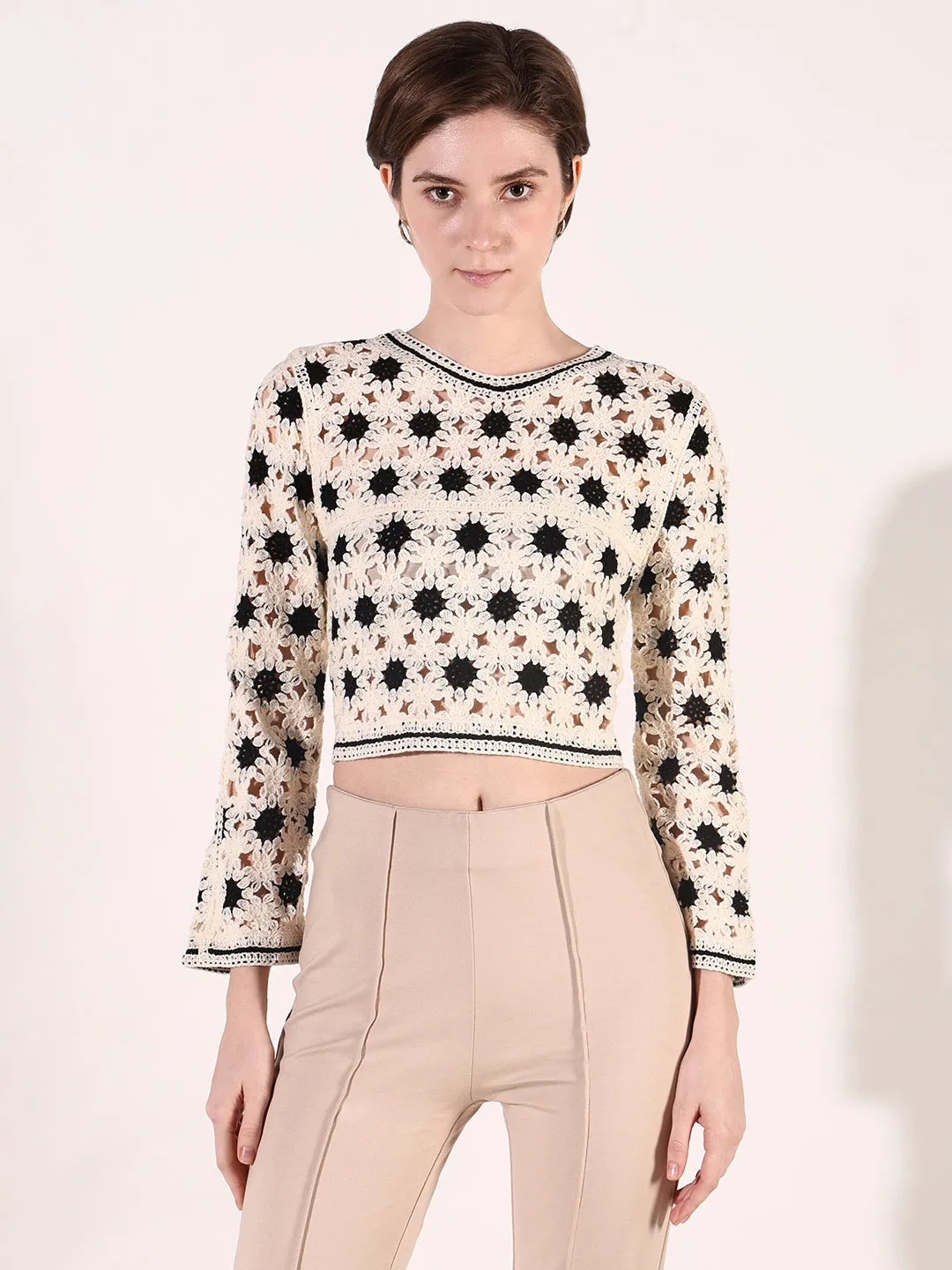 Women Cream Floral Crochet Crop Top