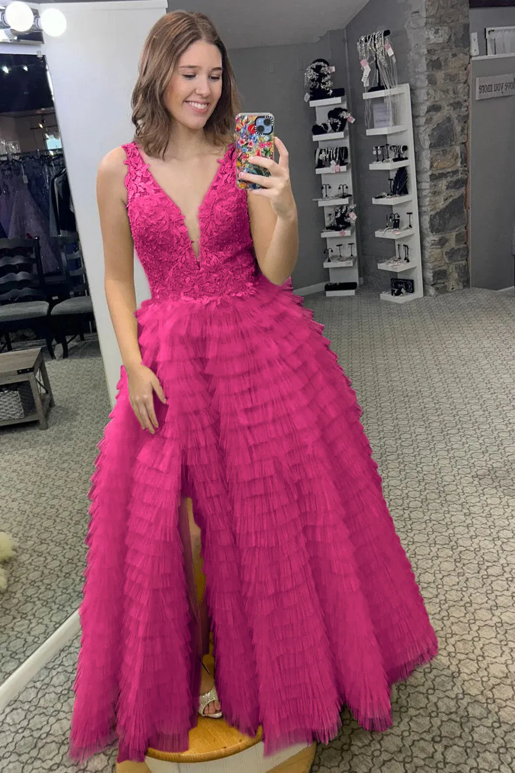Yellow Plunge V Ruffle Tiered Long Prom Dress with Slit